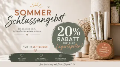 Werbegrafik für ein Sommer-Schlussangebot mit 20 % Rabatt auf ausgewählte Artikel im September. Die Gestaltung zeigt eine helle Wohnszene mit Trockenblumen, Dekorationsobjekten und einem runden Rabatt-Hinweis; zusätzliche Hinweise informieren über begrenzte Verfügbarkeit und mögliche Einsparungen.